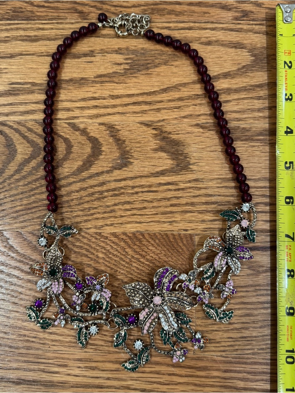 Floral Statement Necklace in Deep Red with Multicolor Crystal Accents